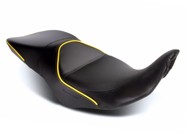 Sargent Cycle Products' REVolution OEM Motorcycle Seat Upgrade for the Suzuki V-Strom 800 2023+ shown with DTX/GZ, yellow welt, regular height.